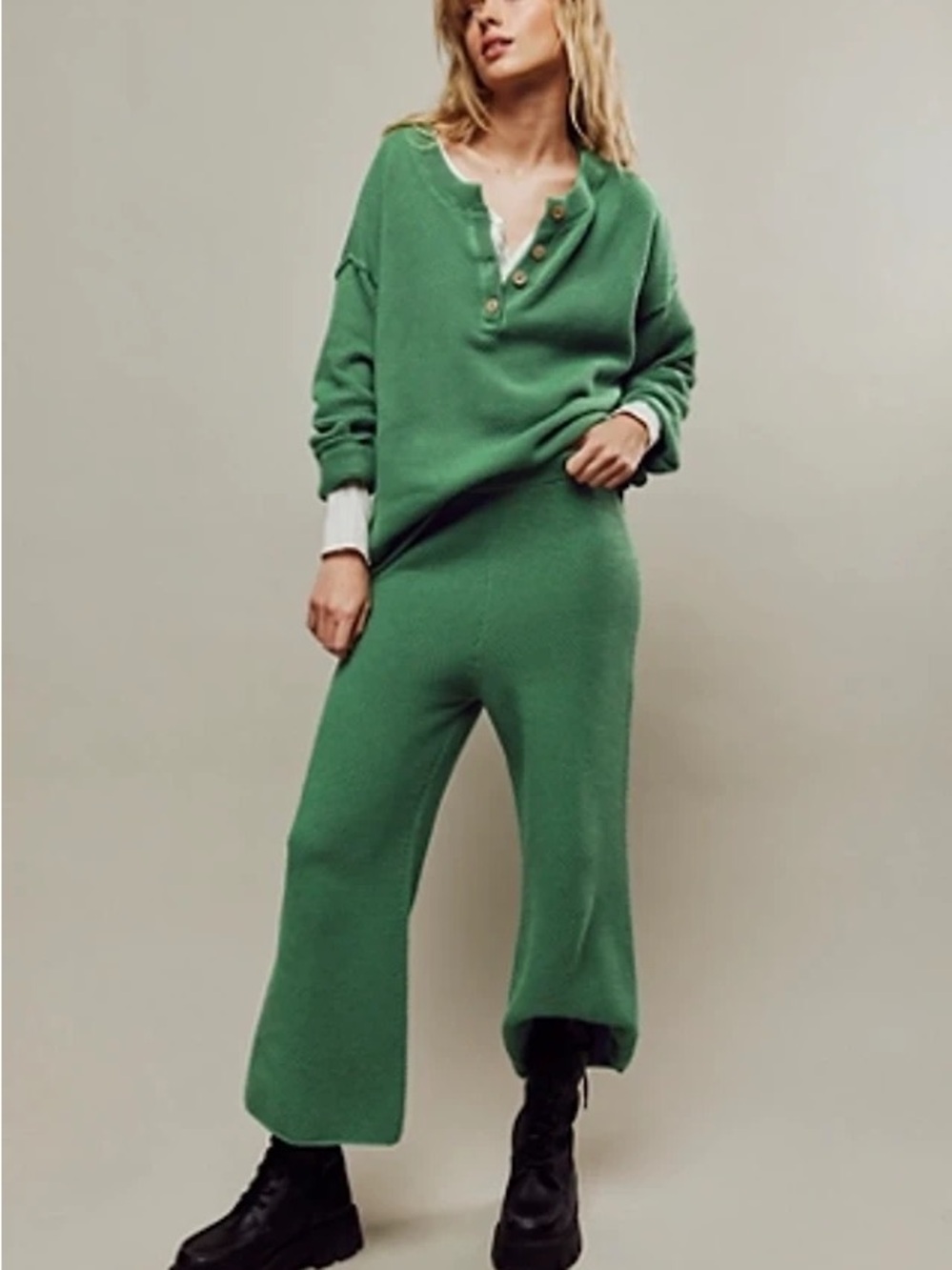 Free People Hailee Knit Sweater Set Pants and Sweater Green - Picture 3 of 7
